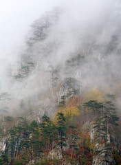 Misty autumn landscape in Cernei Mountains, Carpathians Range, Romania, Europe
