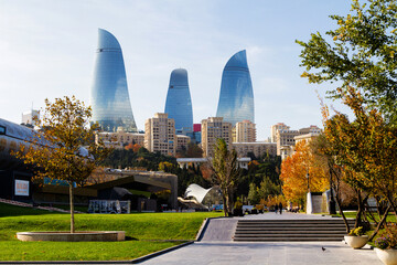 BAKU, AZERBAIJAN - NOVEMBER 14, 2016: View of the city centre of Baku with Flame Tower in the...