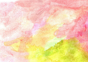 Fototapeta na wymiar watercolor pastel pink, yellow, green abstract big spots background drawn by brush
