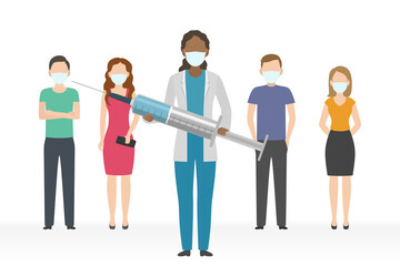 Obraz premium African-American doctor with syringe protect people from diseases. Vector illustration.