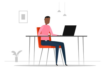 Fototapeta na wymiar African man sitting and working on laptop. Cartoon. Vector illustration.