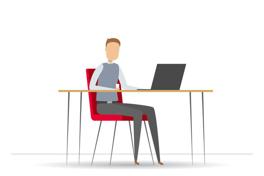 Caucasian man sitting and working on computer. Cartoon. Vector illustration.