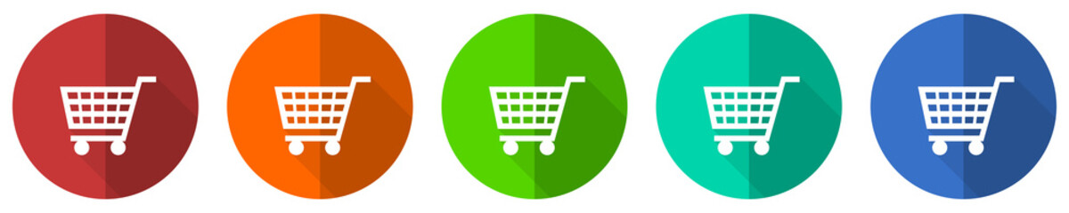 Shopping cart icon set, shop, trolley, red, blue, green and orange flat design web buttons isolated on white background, vector illustration