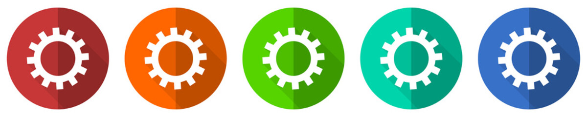 Gear icon set, cogwheel, red, blue, green and orange flat design web buttons isolated on white background, vector illustration