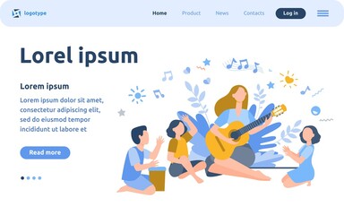 Group of kids clapping hands at their teacher playing guitar. Children enjoying music class outdoors. Can be used for daycare, education, musical school concepts