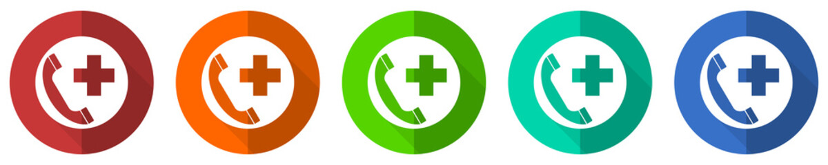 Obraz premium Emergency call icon set, red, blue, green and orange flat design web buttons isolated on white background, vector illustration