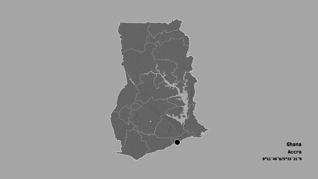Volta, region of Ghana, with its capital, localized, outlined and zoomed with informative overlays on a bilevel map in the Stereographic projection. Animation 3D
