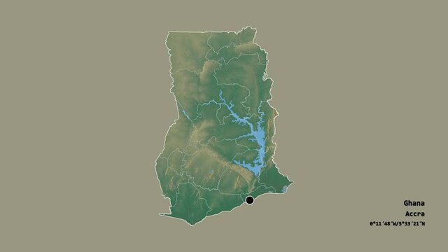 Volta, region of Ghana, with its capital, localized, outlined and zoomed with informative overlays on a relief map in the Stereographic projection. Animation 3D