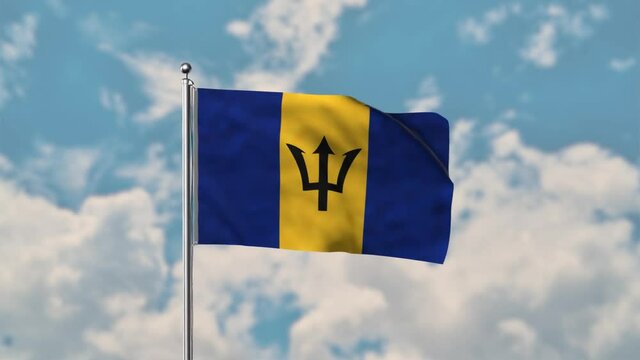 Barbados flag waving in the blue sky realistic 4k Video.