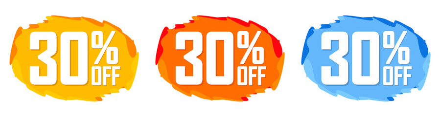 Set Sale 30% off bubble banners, discount tags design template, vector illustration