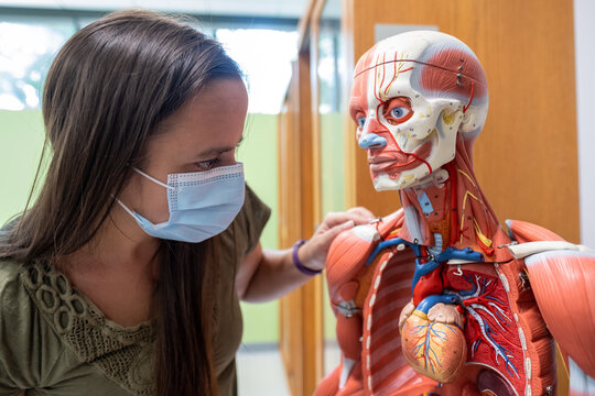 Female Student Wearing Covid 19 Face Mask In Biology Classroom