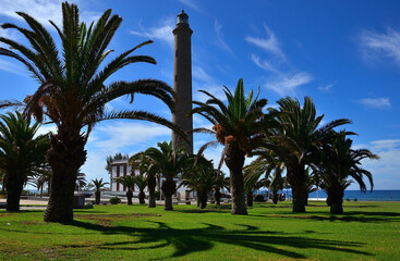 Maspalomas lighthouse among palm trees, south coast of Gran Canaria, Canary Islands, Spain