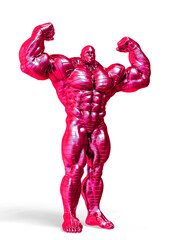 man made of steel doing a bodybuilder pose number five in a white background