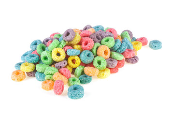 Fototapeta na wymiar Pile of sweetened corn cereals isolated on a white background. Colorful corn rings.
