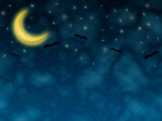 Obraz na płótnie Canvas Illustration of night sky with moon, clouds, stars and bats