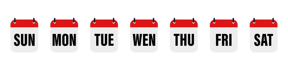 Calender , days of the week. Set every day a week . Vector icon. Flat, red and white calendar, icon set for the week. - obrazy, fototapety, plakaty