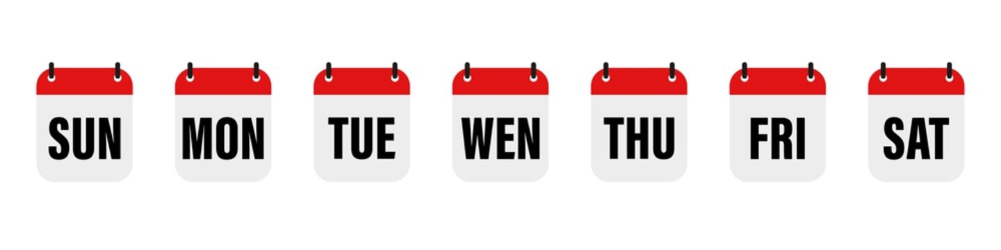 Calender , days of the week. Set every day a week . Vector icon. Flat, red and white calendar, icon set for the week.