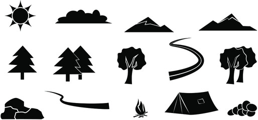 Obraz premium Travel Event. Camping vector logo template for your design. Tourist tent, forest, camp, trees,