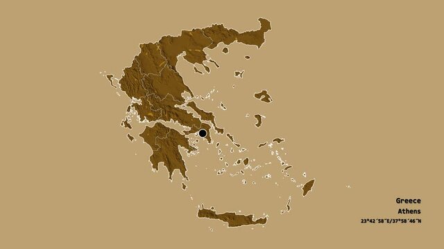 Epirus, decentralized administration of Greece, with its capital, localized, outlined and zoomed with informative overlays on a administrative map in the Stereographic projection. Animation 3D