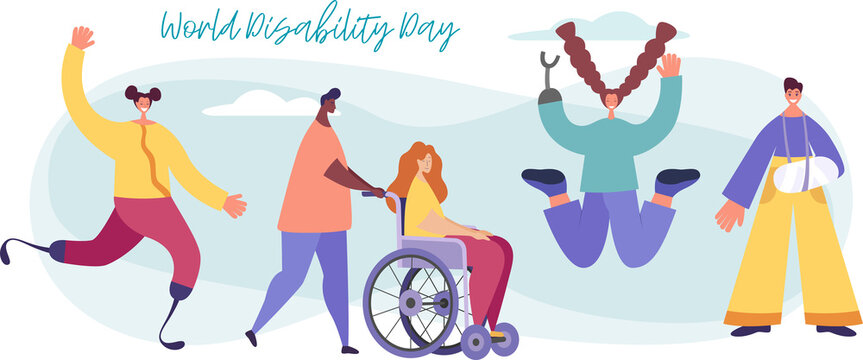 Vector background with disabled people, young handycap persons and friends near helping. World Disability Day. Flat cartoon characters.