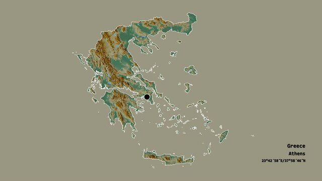 Ionian Islands, decentralized administration of Greece, with its capital, localized, outlined and zoomed with informative overlays on a relief map in the Stereographic projection. Animation 3D