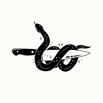 Chef Knife with Snake on it. Abstract Hand drawn Vector trendy illustration. Cool simple design. Minimalistic style. Tattoo or print idea. Logo template