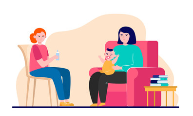Fototapeta premium Happy mother sitting on armchair with infant. Help, mom, baby flat vector illustration. Family and parenthood concept for banner, website design or landing web page