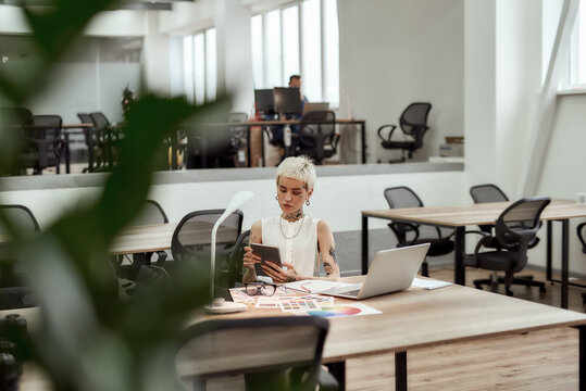 Smart girl. Young tattooed business woman with short haircut using digital tablet while sitting at her workplace in the modern office
