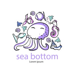 Underwater world illustration. Sea life. Invitation card, banner in marine design. Vector under the sea, seahorse, octopus, fish, jellyfish