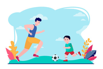 Young father and little son playing football. Ball, boy, kid flat vector illustration. Sport game and activity concept for banner, website design or landing web page