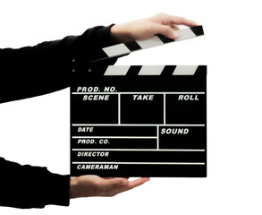 A movie clapboard, is about to clap with white background.