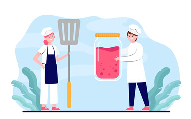Tiny cooks holding glass jar and spatula. Food, apron, chef flat vector illustration. Cooking and preparation concept for banner, website design or landing web page