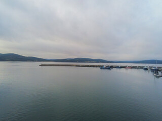 Aerial view in Camarinas. Galicia. Coastal town with boats in Spain