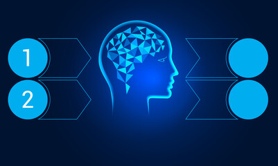 Human head, polygonal brain. Blue background.  Template for conceptual infographics on 2 positions.