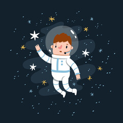 Man in space costume reaching for the stars, cartoon vector illustration