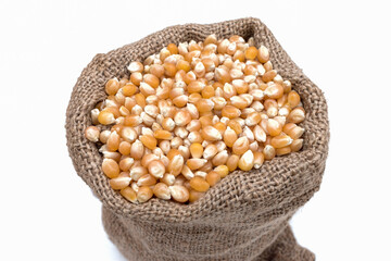 Dried corn seeds. Pile of dry corn seeds in sack.