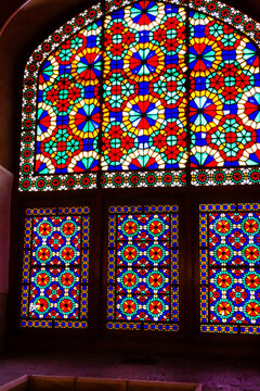 Stained glass window in Dowlat Abad Garden in Yazd, Iran, Middle East, Asia