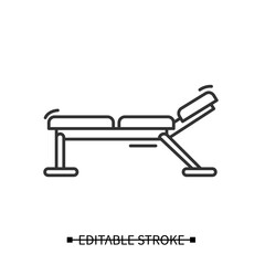 Barbell bench icon. Heavy lifting exercise and abs workout home gym equipment linear pictogram. Concept of fitness, bodybuilding and power training. Editable stroke vector illustration