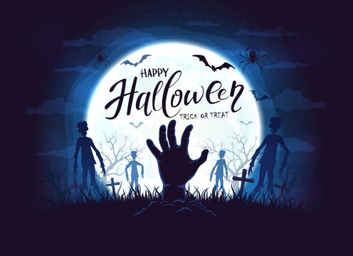 Halloween Background with Zombie Hand and Bats on Blue
