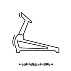 Treadmill icon. Jogging machine linear pictogram. Concept of fitness, home cardio training sessions, regular workout and healthy lifestyle. Thin line editable stroke vector illustration