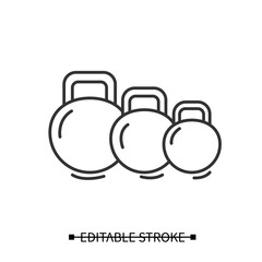 Kettlebells icon. Heavy weight dumbbells for power lifting linear pictogram. Concept of power raining, body building and home gym weight lifting exercise. Editable stroke vector illustration