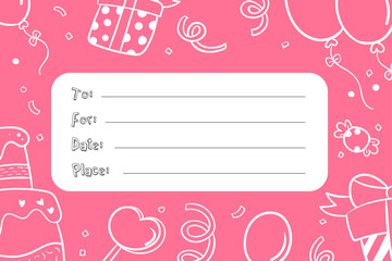 Birthday invitation card to write name, date and place pink