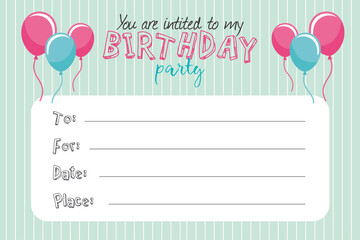 Birthday invitation card to write name, date and place green with stripes