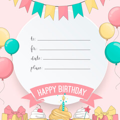 Birthday invitation card to write name, date and place.  Festive decoration