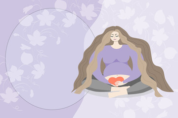 pregnant woman with long hair sits in a lotus position and holds a heart in her hands near the abdomen. future mother gives her child love. Beautiful floral background with an oval frame for text.