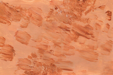 Peach acrylic abstract background with gold waves and strokes on white paper background. Trendy look. Chaotic abstract organic design.