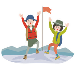 山頂で万歳をして喜ぶ若い男女