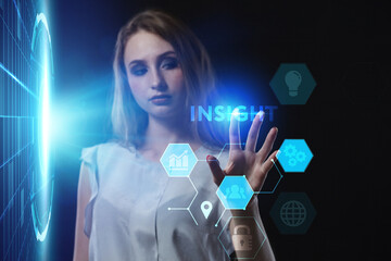 Business, Technology, Internet and network concept. Young businessman working on a virtual screen of the future and sees the inscription: Insight