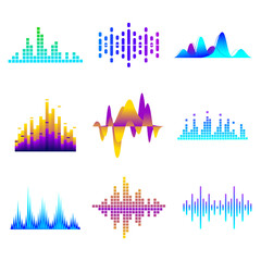 Sound waves set. Colorful soundwave elements of gradient colors, studio audio recording equalizer, audio signals. Multicolored waveforms for radio frequency and music soundtrack concept illustrations