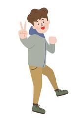 笑顔でVサインをして喜ぶ若い男性